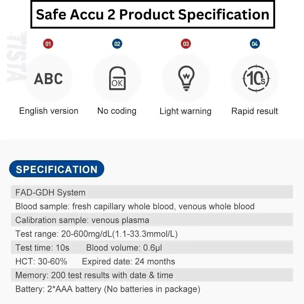 Sinocare Safe Accu 2 Glucometer Product Specification